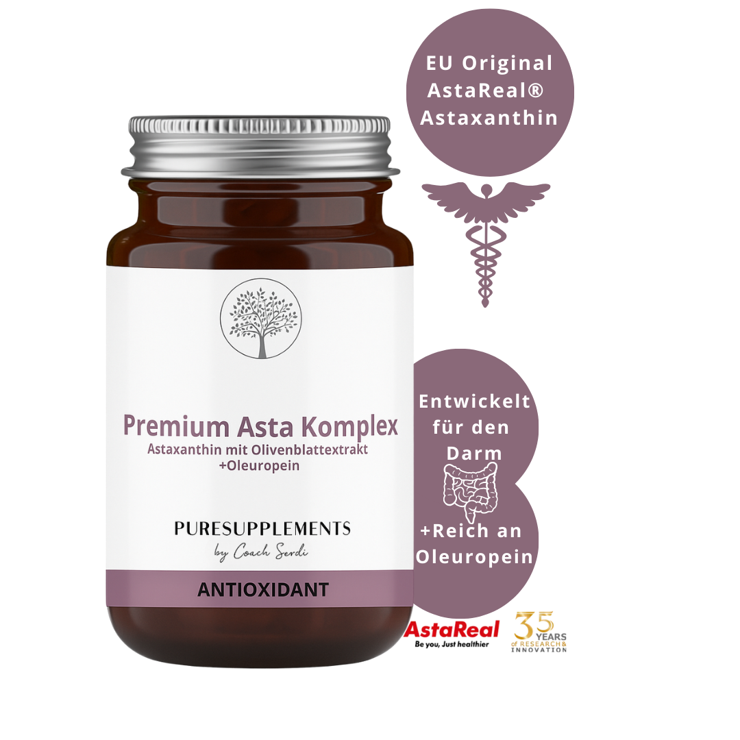 Premium Asta Komplex: Astaxanthin AstaReal® mit Olivenblattextrakt aus Spitzenanbau Europa (+Reich an Oleuropein & echten EU-Astaxanthin, hohe Reinheit, vegan, 120 Kapseln)