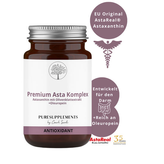 Premium Asta Komplex: Astaxanthin AstaReal® mit Olivenblattextrakt aus Spitzenanbau Europa (+Reich an Oleuropein & echten EU-Astaxanthin, hohe Reinheit, vegan, 120 Kapseln)