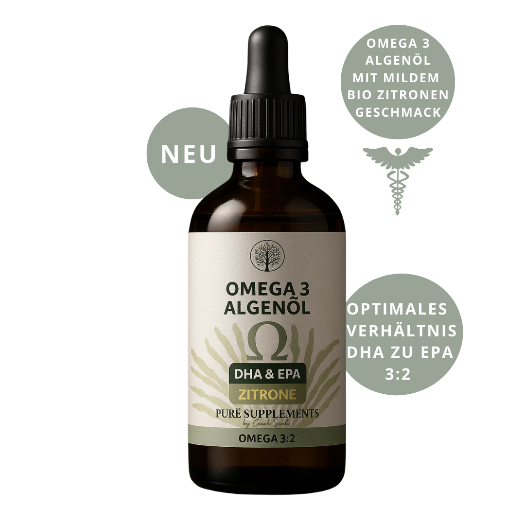 NEU: Omega 3 Algenöl  DHA+EPA & DPA mit 3:2 Verhältnis (EU Algenöl mit Bio Zitronenöl & Bio Olivenöl, vegan, frisch mildes Aroma, 100ML)