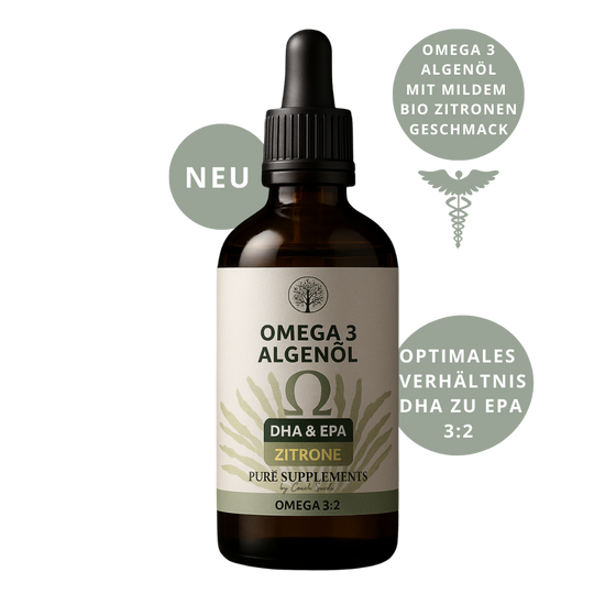 NEU: Omega 3 Algenöl  DHA+EPA & DPA mit 3:2 Verhältnis (EU Algenöl mit Bio Zitronenöl & Bio Olivenöl, vegan, frisch mildes Aroma, 100ML)