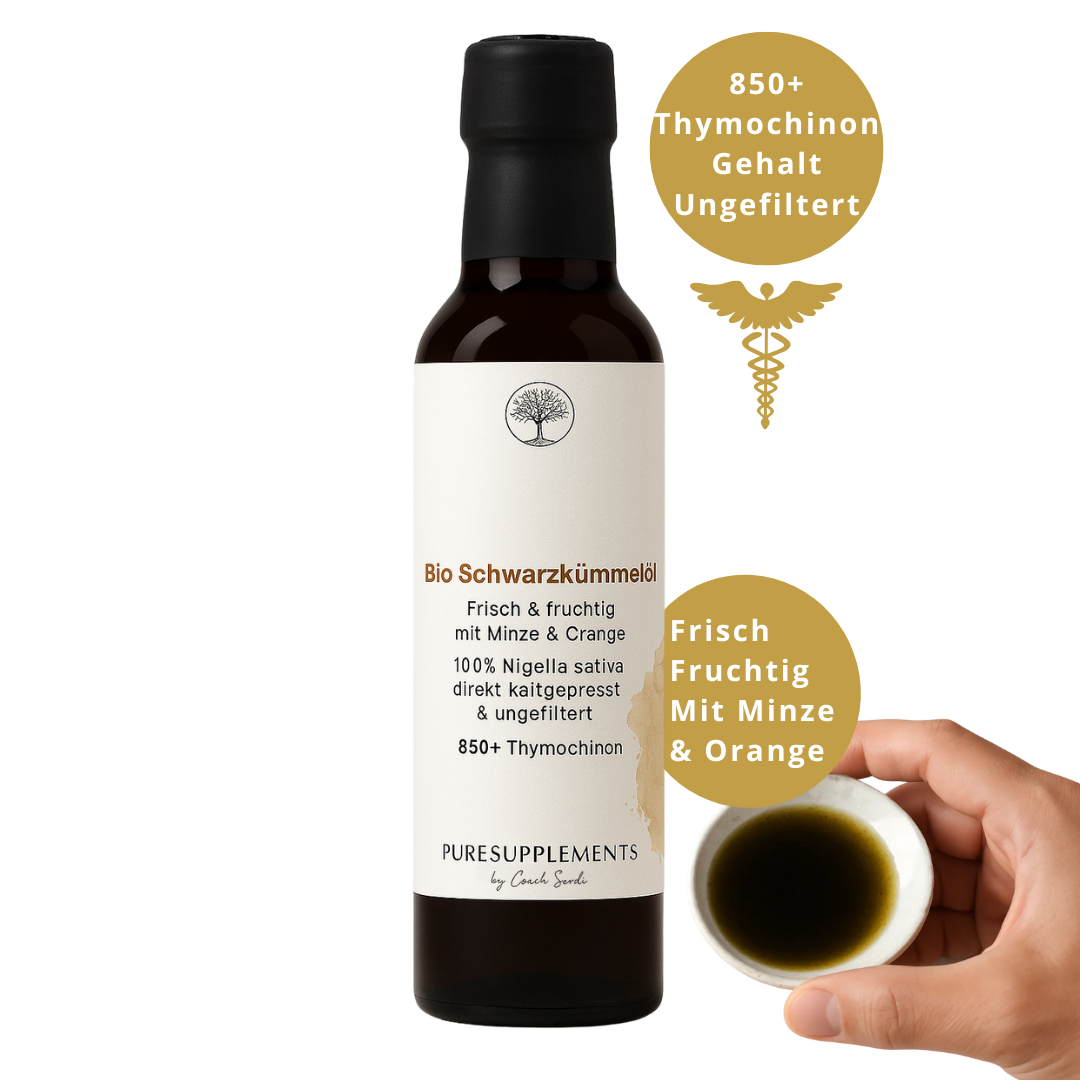 Premium Bio Schwarzkümmelöl mit Bio Minze & Orange aus Spitzenanbau Ägypten (Mildes Aroma. frisch & Fruchtig, ungefiltert & direkt kaltgepresst, Spitzenqualität + extra hoher Thymochinon-Gehalt 850+, Limited Edition, BlackGlas 100ML)