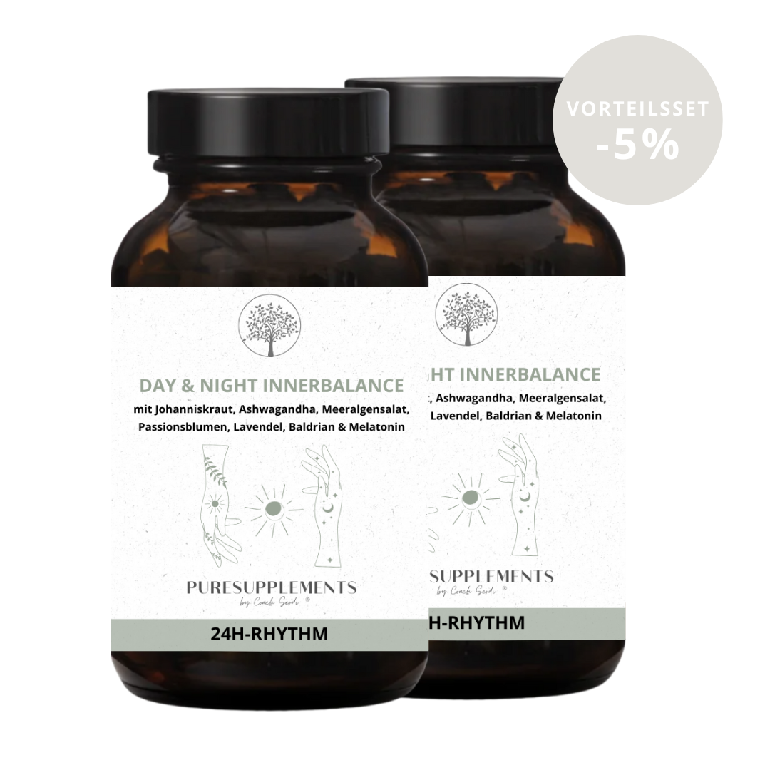 Day & Night Innerbalance Schlaf-Wach-Komplex (100% Pflanzenkomplex aus Johanniskraut,  Baldrian, Ashwagandha, Lavendel, Passionsblume, Bio Magnesium & Melatonin , Wach & Schlaf Rythmus)