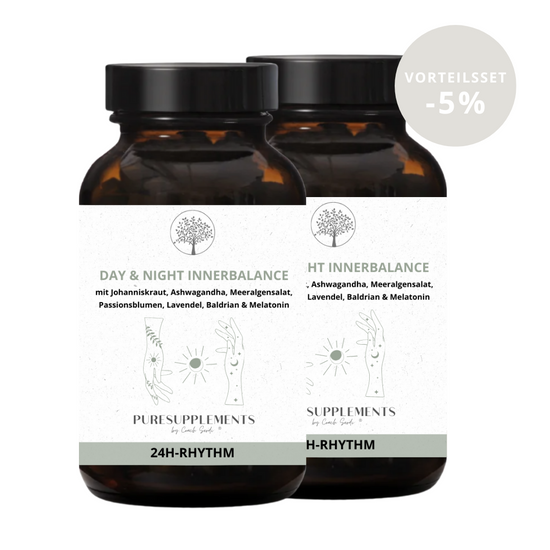 DAY & NIGHT INNERBALANCE (100% Pflanzenkomplex aus Johanniskraut,  Baldrian, Ashwagandha, Lavendel, Passionsblume, Bio Magnesium & Melatonin , Wach & Schlaf Rythmus)