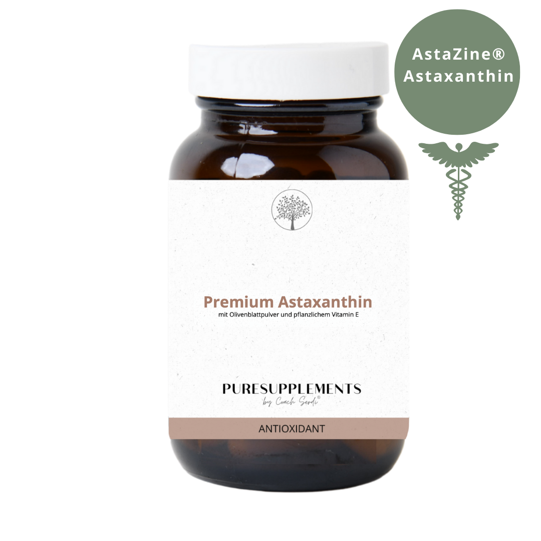 Premium Astaxanthin AstaZine®  mit Olivenblattpulver und Vitamin E aus pflanzlicher Quelle (Vollspektrum Komplex + hohe Astaxanthin-Konzentration, vegan)