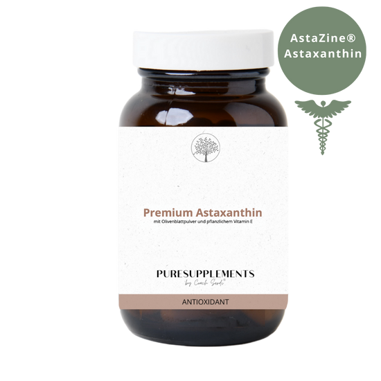 Premium Astaxanthin AstaZine®  mit Olivenblattpulver und Vitamin E aus pflanzlicher Quelle (Vollspektrum Komplex + hohe Astaxanthin-Konzentration, vegan)
