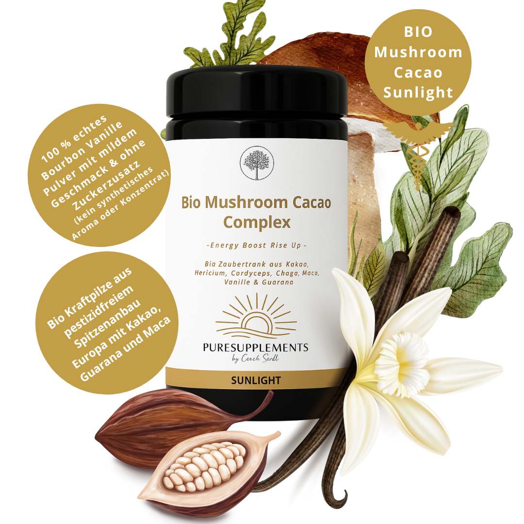 Bio Mushroom Kakao Komplex -Sunlight- (Synergetikum Energy Boost, Bio Premium Rohkostqualität, Kraftpilze Hericium, Chaga & Cordyceps  EU-Anbau, Kakao Pulver,  Maca Pulver & Guarana Pulver mit echtem Vanille Pulver, 100g, Mironglas)