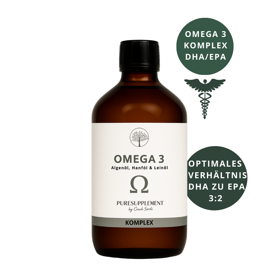 Premium Omega 3 KOMPLEX (Algenöl mit Bio Hanföl & Bio Leinöl, EPA+DHA 3:2 + ALA, vegan, 300ML, mild-nussig)