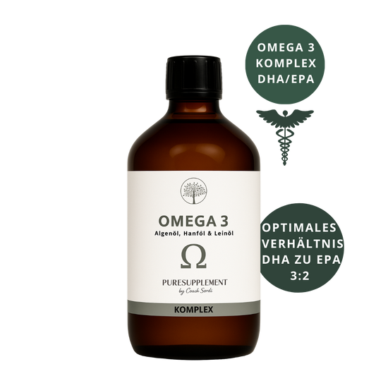 Premium Omega 3 KOMPLEX (Algenöl mit Bio Hanföl & Bio Leinöl, EPA+DHA 3:2 + ALA, vegan, 300ML, mild-nussig)