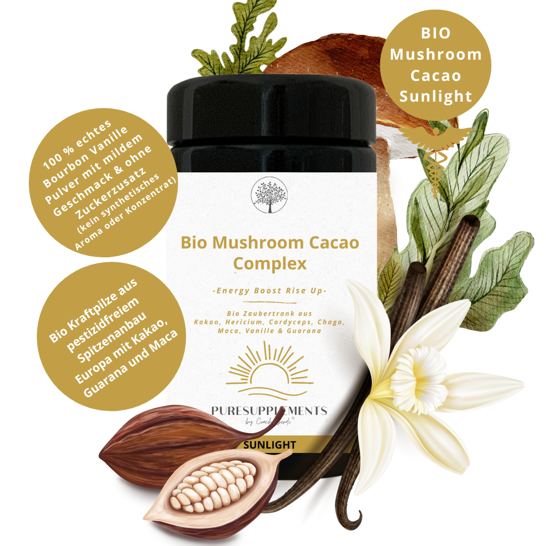 Bio Mushroom Kakao Komplex -Sunlight- (Synergetikum Energy Boost, Bio Premium Rohkostqualität, Kraftpilze Hericium, Chaga & Cordyceps  EU-Anbau, Kakao Pulver,  Maca Pulver & Guarana Pulver mit echtem Vanille Pulver, 100g, Mironglas)