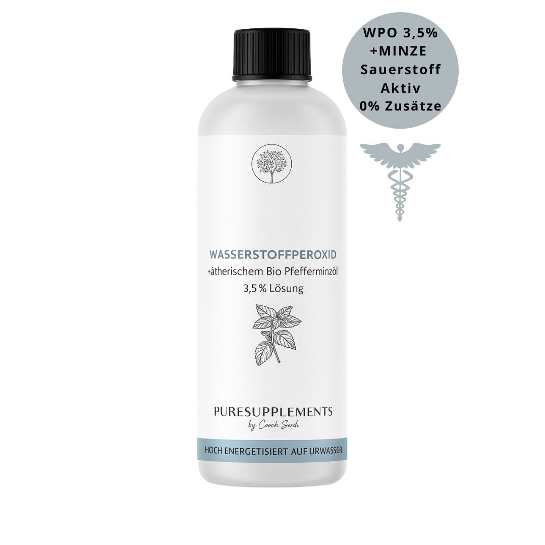 Premium Wasserstoffperoxid  -  H2O2 3,5% mit Bio PFEFFERMINZÖL hoch energetisiert auf Hexagonalem Urwasser (wpo, Minze,  Sauerstoff Akiv,  0% Zusätze, 250ML!)