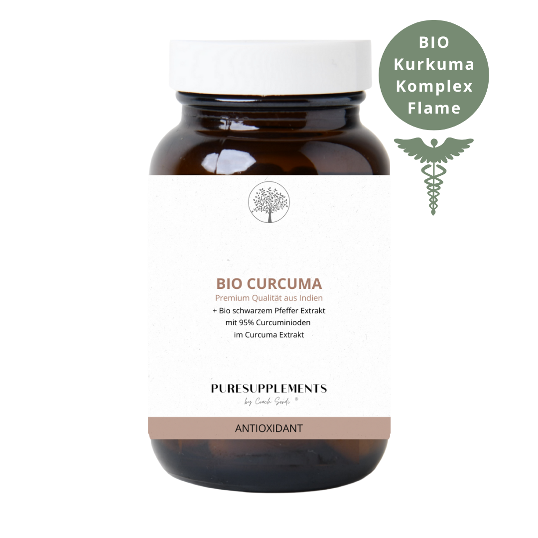 Premium Bio Curcumin Komplex Flame (Bio Vollspektrum Komplex:  Bio Curcuma Extrakt und Bio Kurkuma Pulver mit Bio schwarzer Pfeffer Extrakt, 95% hoher Anteil an Curcuminoide, 90 Kapseln)
