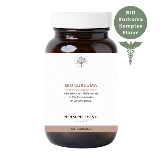 Premium Bio Curcumin Komplex Flame (Bio Vollspektrum Komplex:  Bio Curcuma Extrakt und Bio Kurkuma Pulver mit Bio schwarzer Pfeffer Extrakt, 95% hoher Anteil an Curcuminoide, 90 Kapseln)