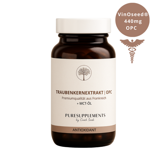 Premium Nativ-OPC 440mg VinOseed® Traubenkernextrakt aus Spitzenanbau Frankreich + MCT-ÖL (Rebsorte Vitis Vinefera L., hochreine Wasserextraktion, Sulfit-frei, echtes OPC)