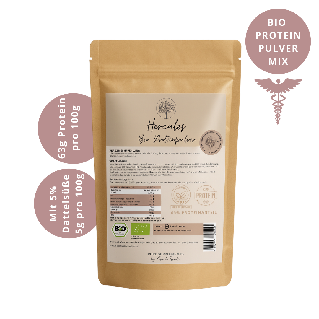 Premium Hercules Bio Proteinpulver Mix (Vegan & Bio | 63% Proteinanteil | 4 hochwertige-Proteinquellen | + Kakao, Vanille, Lucuma, Zimt, Maca, Spirulina & Dattelsüße | Clean, cremig & lecker)