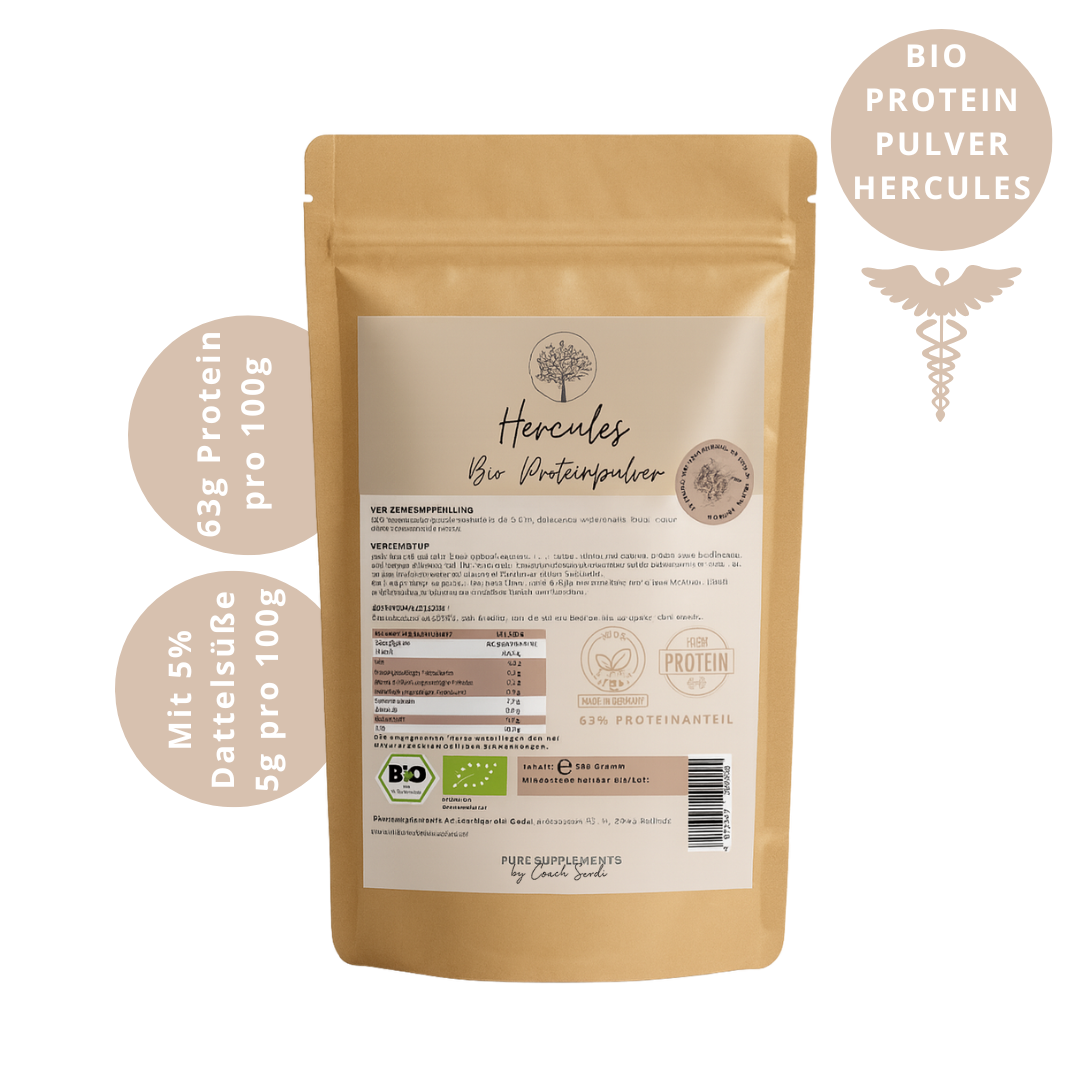 Premium Hercules Bio Proteinpulver Mix (Vegan & Bio | 63% Proteinanteil | 4 hochwertige-Proteinquellen | + Kakao, Vanille, Lucuma, Zimt, Maca, Spirulina & Dattelpulver | Clean, cremig & lecker)