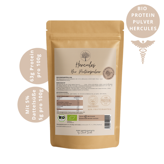 Premium Hercules Bio Proteinpulver Mix (Vegan & Bio | 63% Proteinanteil | 4 hochwertige-Proteinquellen | + Kakao, Vanille, Lucuma, Zimt, Maca, Spirulina & Dattelpulver | Clean, cremig & lecker)