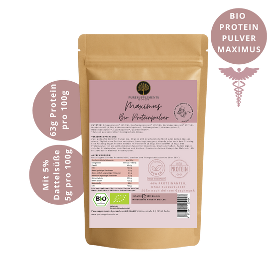 Premium Maximus Bio Proteinpulver Mix mit Erdbeere, Heidelbeere & Himbeere (Beerenstark, ungesüßt, Bio, 46% Proteinanteil, Vegan, 4-Komponenten-Proteinpower, cremig&lecker)