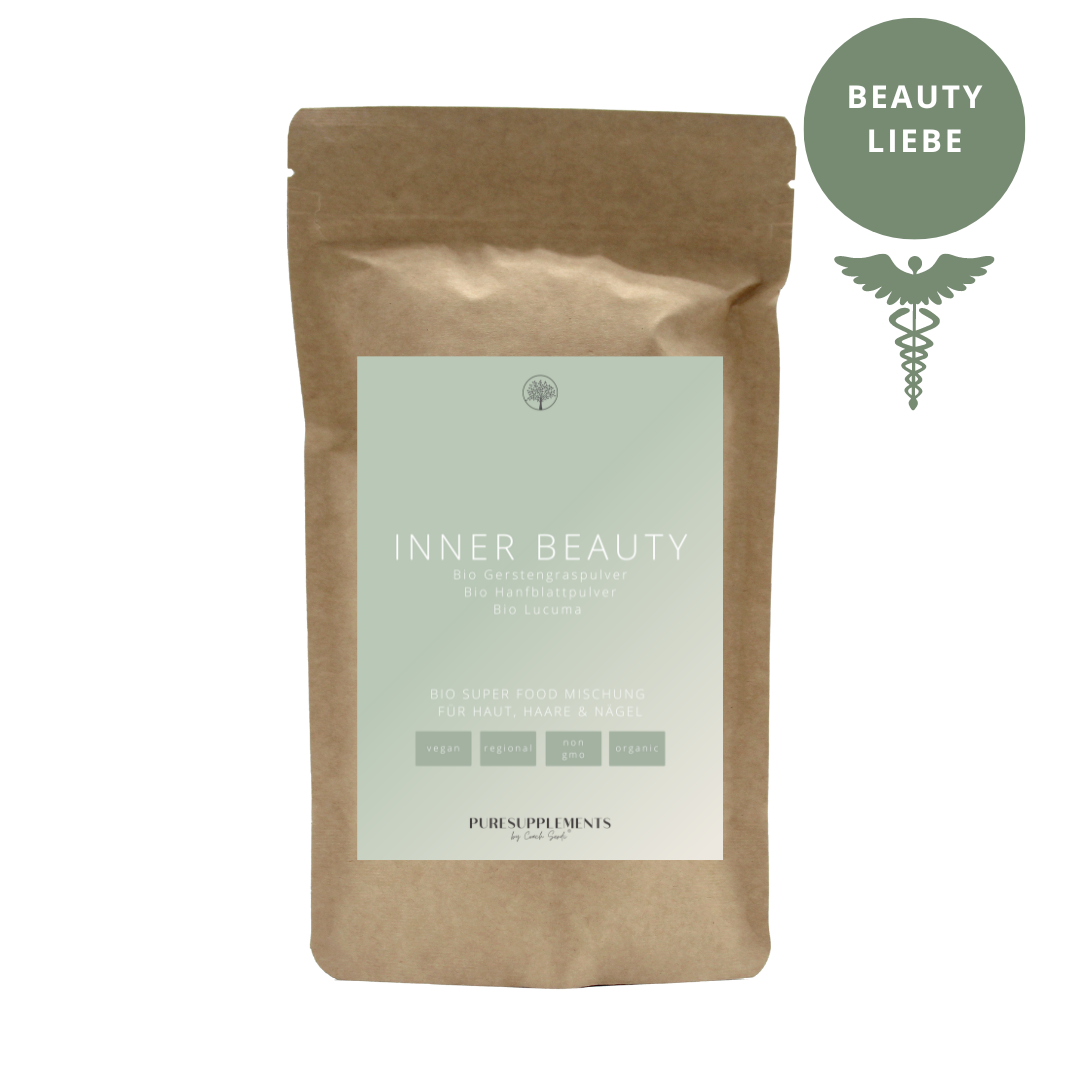 INNER BEAUTY - Haut, Haare & Nägel | Bio Super Food Mischung (Bio Gerstengras&Nutzhanf&Lucuma, 120g)