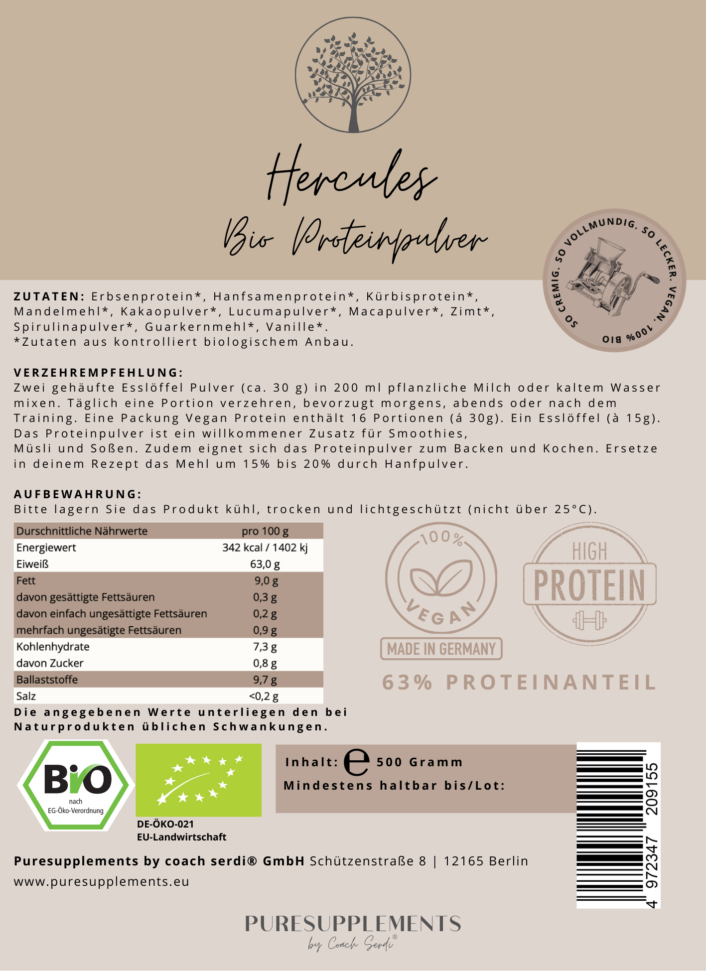 Premium Hercules Bio Proteinpulver Mix mit Vanille, Lucuma, Zimt & Spirulina (Bio, 63% Proteinanteil, Vegan, 4-Komponenten-Proteinpower, cremig&lecker)