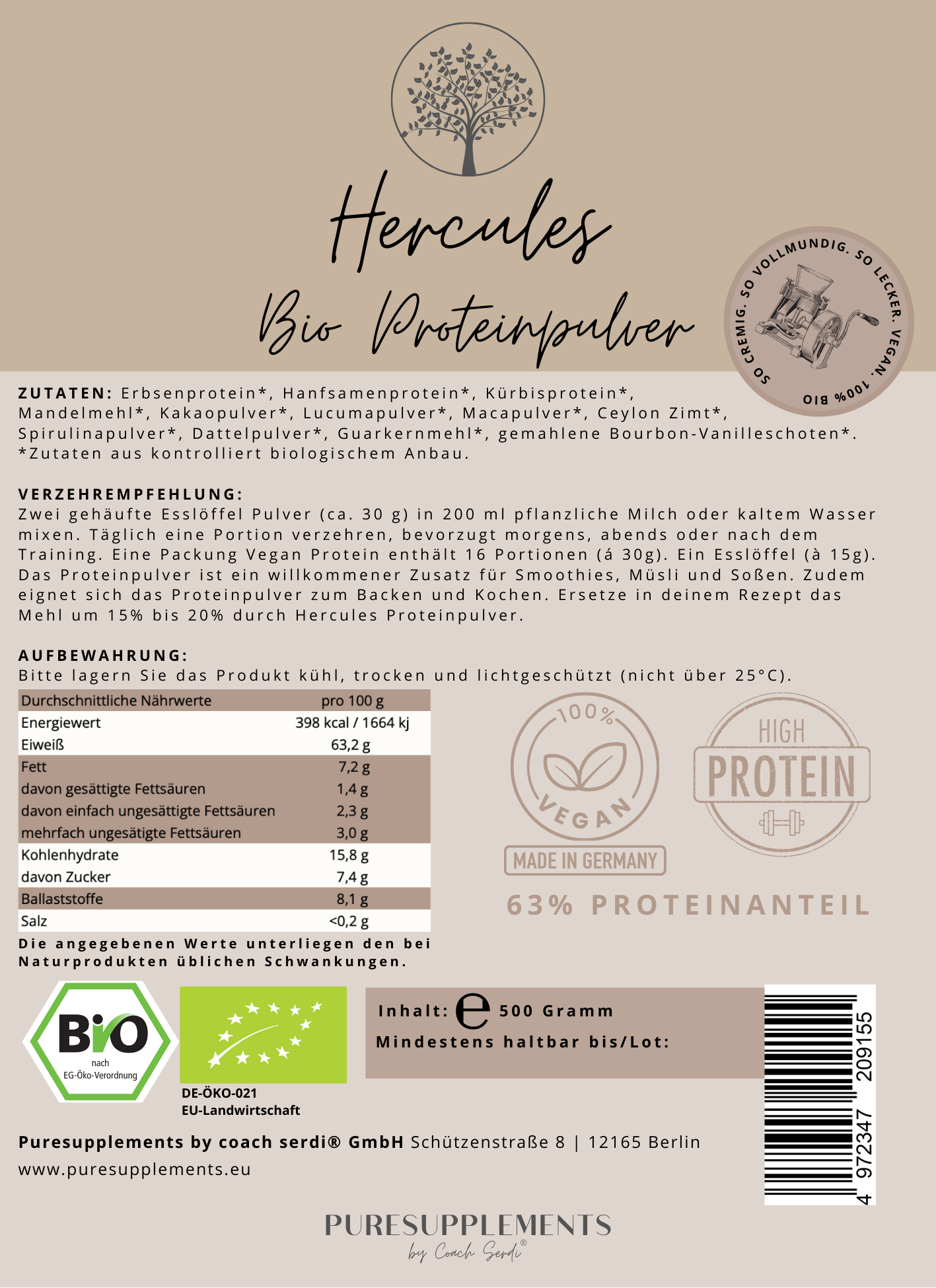 Premium Hercules Bio Proteinpulver Mix (Vegan & Bio | 63% Proteinanteil | 4 hochwertige-Proteinquellen | + Kakao, Vanille, Lucuma, Zimt, Maca, Spirulina & Dattelsüße | Clean, cremig & lecker)