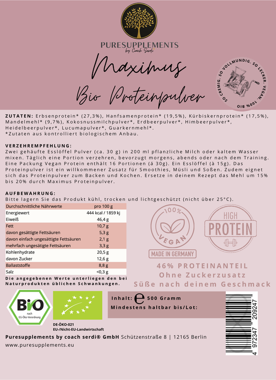 Premium Maximus Bio Proteinpulver Mix mit Erdbeere, Heidelbeere & Himbeere (Beerenstark, ungesüßt, Bio, 46% Proteinanteil, Vegan, 4-Komponenten-Proteinpower, cremig&lecker)