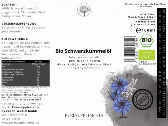 Premium Bio Schwarzkümmelöl naturtrüb aus Spitzenanbau Ägypten (Intensives Aroma, ungefiltert & direkt kaltgepresst, Spitzenqualität + extra hoher Thymochinon-Gehalt 850+, Special Edition, 100ML)