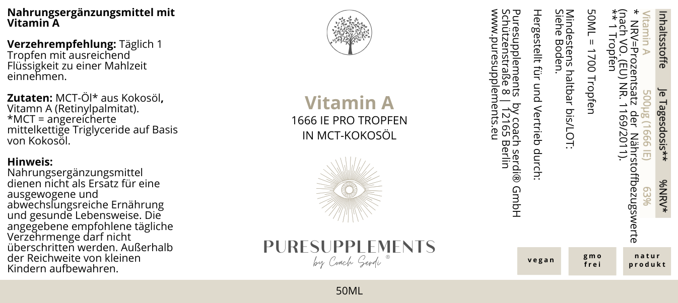 Laden Sie das Bild in den Galerie-Viewer, Premium Vitamin A Tropfen in MCT-Kokosnussöl (Augenvitamin a, 1666 IE, 50ml)
