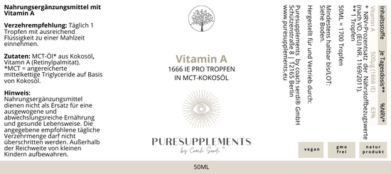 Premium Vitamin A Tropfen in MCT-Kokosnussöl (Augenvitamin a, 1666 IE, 50ml)