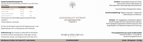 Premium Zink aus  Guavenblätter Extrakt mit Bio Camu Camu (Zink+Vitamin C, Vegan, GMO-Frei, 100% pflanzlich, hohe Bioverfügbarkeit)