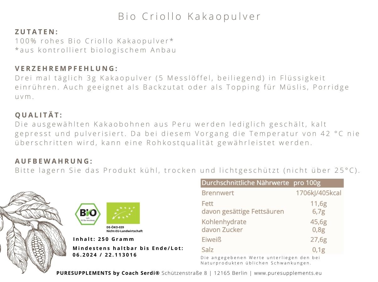Premium Bio Criollo Kakaopulver in Rohkostqualität aus Spitzenbau Peru (geeignet für Zeremonien, Rituale und Meditationen, 250g)