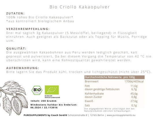 Premium Bio Criollo Kakaopulver in Rohkostqualität aus Spitzenbau Peru (geeignet für Zeremonien, Rituale und Meditationen, 250g)