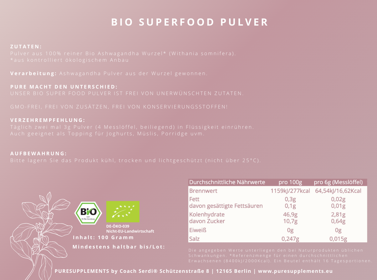 Premium Bio Ashwagandha Pulver (Rohkost, Wildsammlung, 100g)