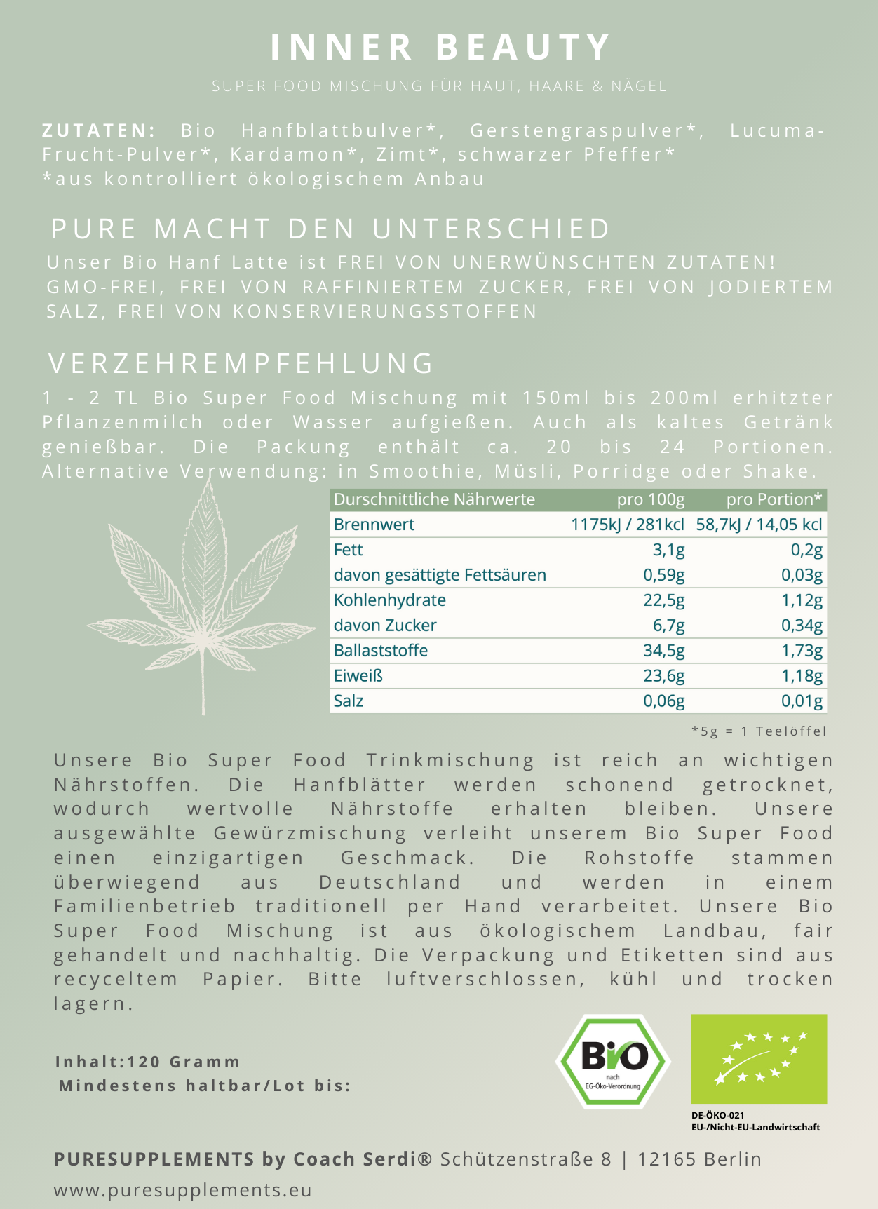INNER BEAUTY - Haut, Haare & Nägel | Bio Super Food Mischung (Bio Gerstengras&Nutzhanf&Lucuma, 120g)