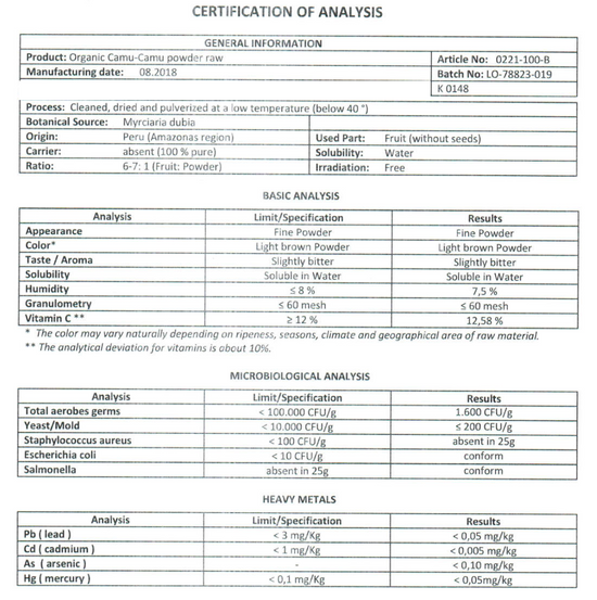 PURESUPPLEMENTS_Bio Camu Camu Vitamin C_Analyse