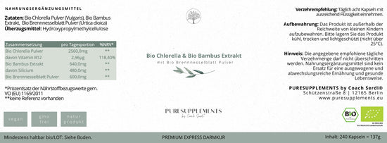 Express Darmkur Komplex: Bio Chlorella & 75% Silicium aus Bio Bambusextrakt + Bio Brennnesselblatt Pulver (XL PACK)