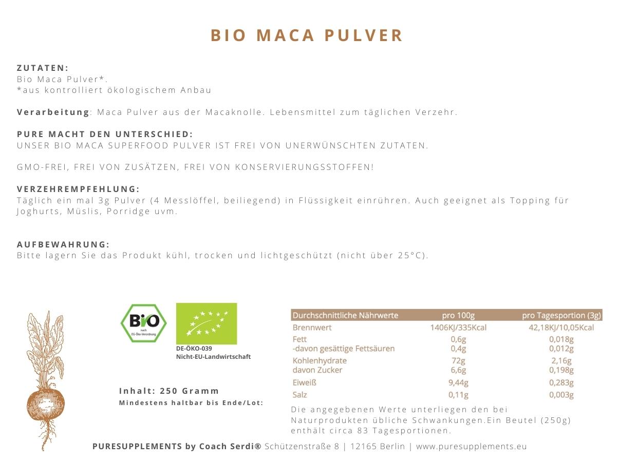 Premium Bio Maca Pulver (Wildsammlung, Rohkost, 250g)