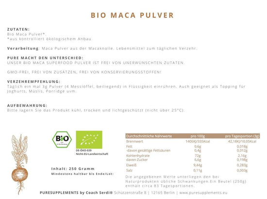 Premium Bio Maca Pulver (Wildsammlung, Rohkost, 250g)