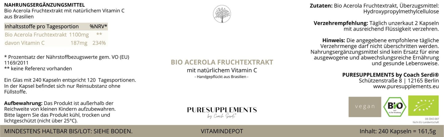 Premium Bio Acerola Kirsche Vitamin C hochdosiert 17% (Wildwuchs, XL Pack)