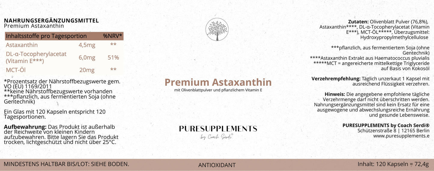 Premium Astaxanthin mit Olivenblattpulver und Vitamin E aus pflanzlicher Quelle