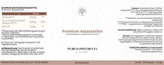 Premium Astaxanthin mit Olivenblattpulver und Vitamin E aus pflanzlicher Quelle