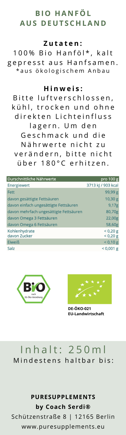 Premium Bio Hanföl 250ML aus Spitzenanbau Deutschland (ROHKOST-VEGAN)