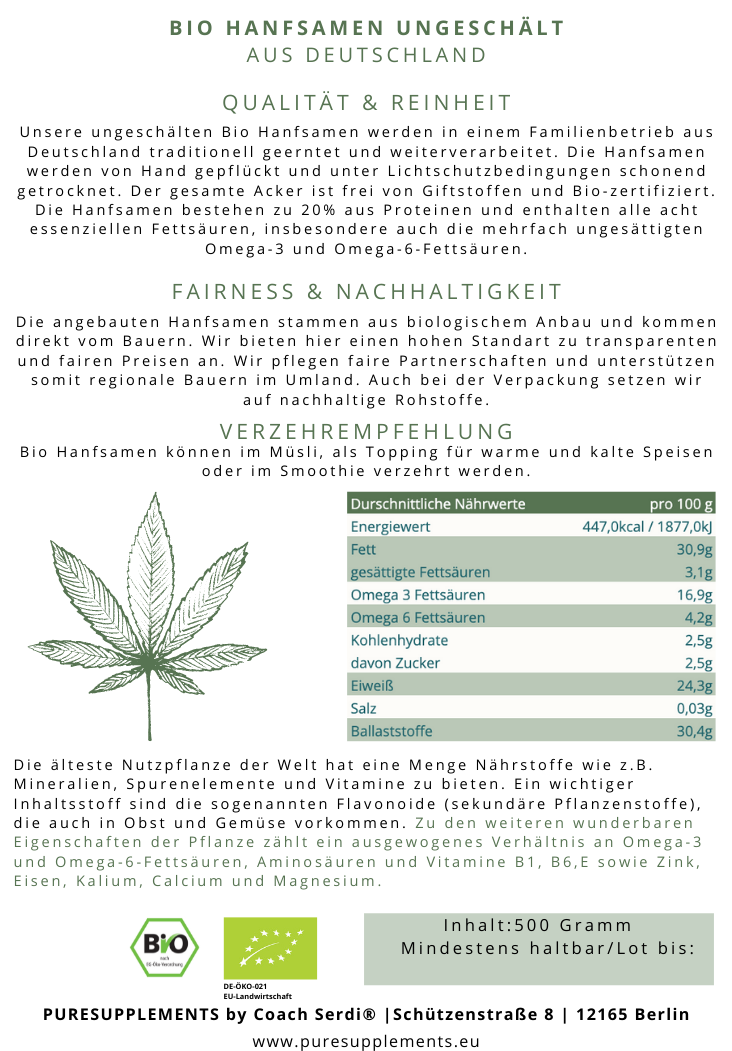 Premium Bio Hanfsamen ungeschält 500g aus Spitzenanbau Deutschland (Rohkost-Vegan)