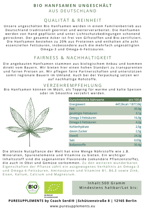 Premium Bio Hanfsamen ungeschält 500g aus Spitzenanbau Deutschland (Rohkost-Vegan)