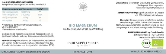 Premium Bio Magnesium aus Bio Meerlattich Extrakt (0% synthetisch, Wildfang & Rohkostqualität + Bio Quinoapulver & Bio Arganöl, 100% organisches Magnesium, 90 Kapseln)