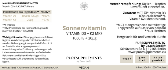Premium Vitamin D3K2 All Trans MK7 Tropfen VEGAN - 30ML HOCH Bioverfügbar mit 1000 Tropfen