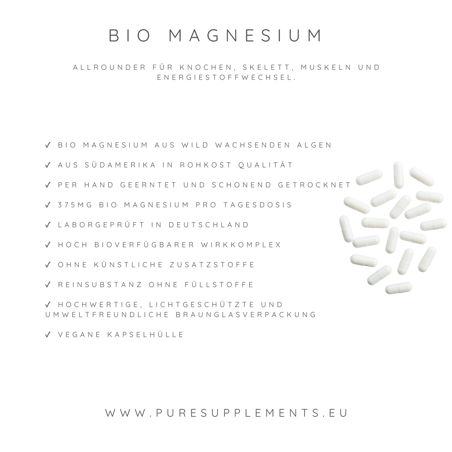 Premium Bio Magnesium aus Bio Meerlattich Extrakt (0% synthetisch, Wildfang & Rohkostqualität + Bio Quinoapulver & Bio Arganöl, 100% organisches Magnesium, 90 Kapseln)