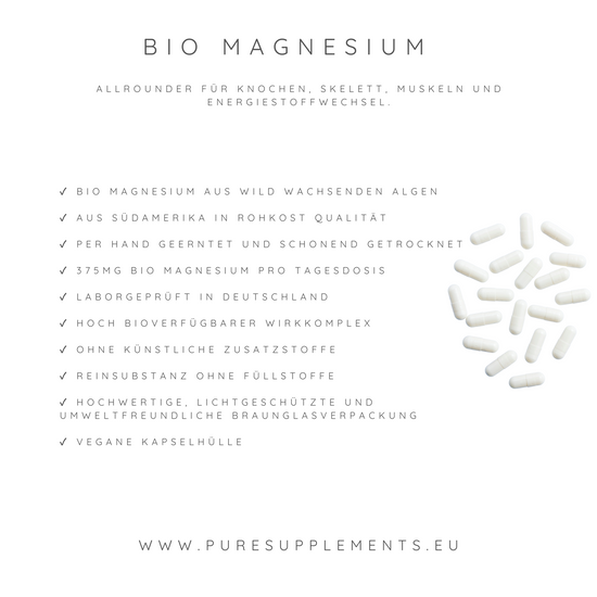 Premium Bio Magnesium aus Bio Meerlattich Extrakt (0% synthetisch, Wildfang & Rohkostqualität + Bio Quinoapulver & Bio Arganöl, 100% organisches Magnesium, 90 Kapseln)