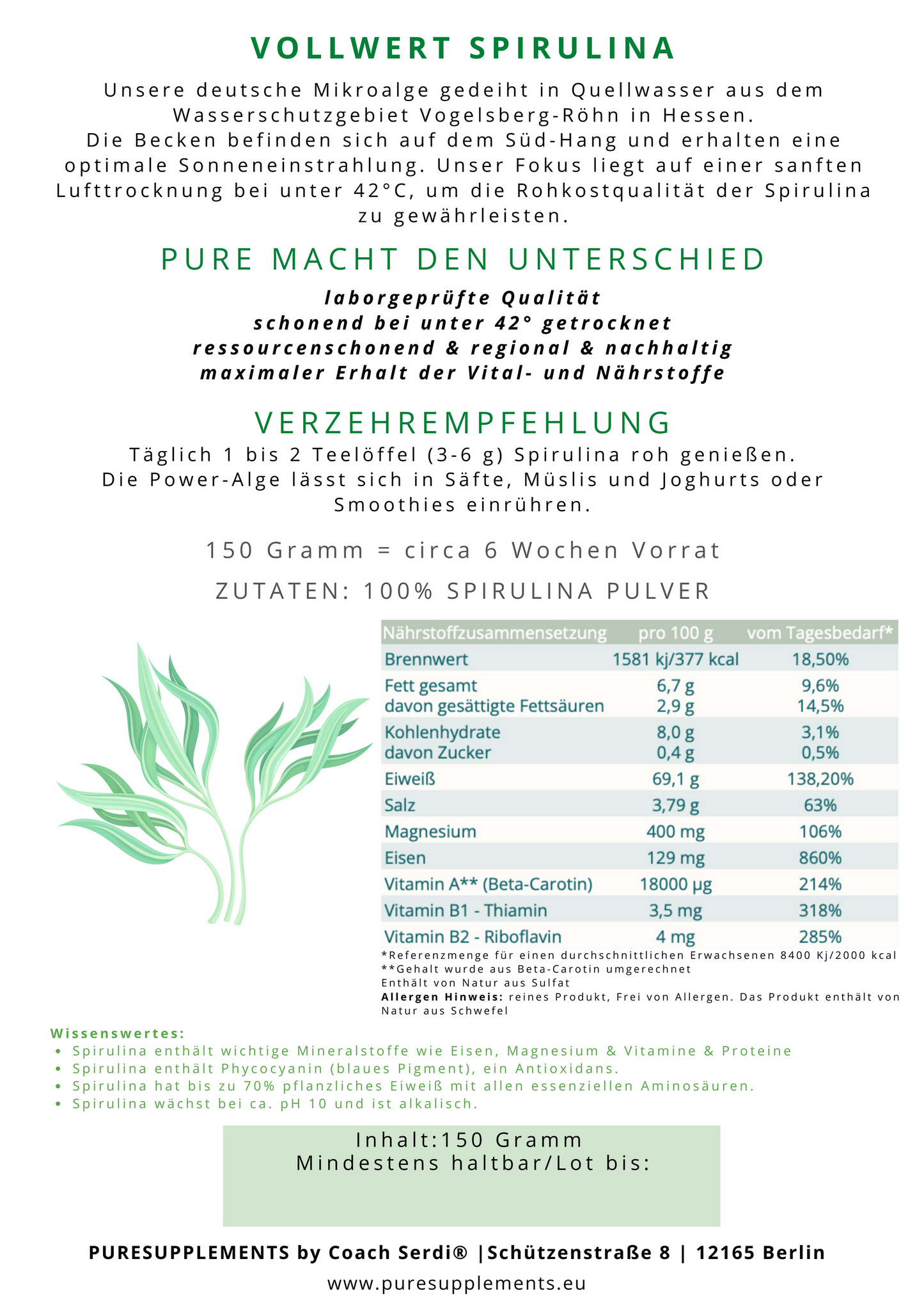 Premium deutsche Spirulina Pulver 100% Rohkost (Regional, biologisch hohe Reinheit, 150g)