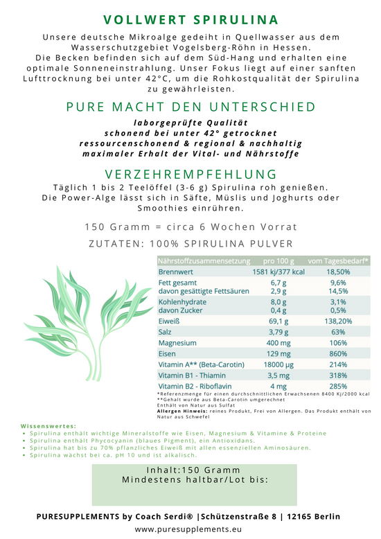 Premium deutsche Spirulina Pulver 100% Rohkost (Regional, biologisch hohe Reinheit, 150g)