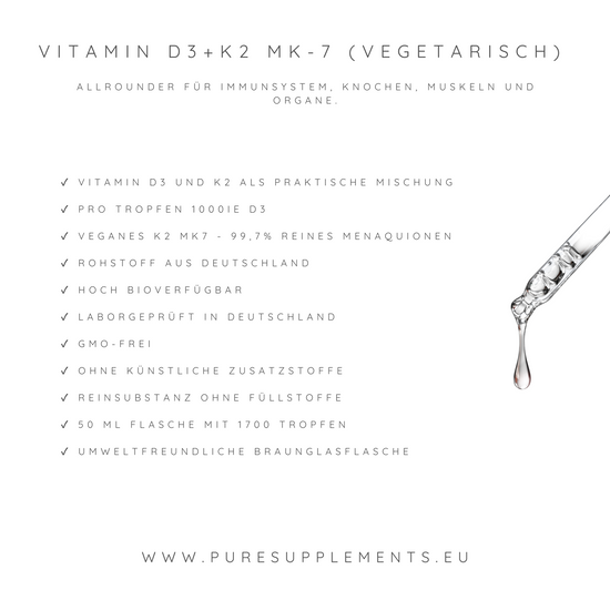Premium Vitamin D3K2 All Trans MK7 Tropfen VEGETARISCH - 50ML HOCH Bioverfügbar mit 1700 Tropfen